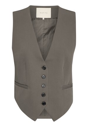 Chaleco entallado gris para mujer con cinco botones negros en el frente y dos bolsillos de ojal delanteros, etiquetado "Kaffe" dentro del cuello.