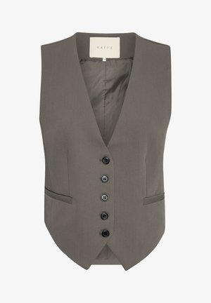 Veste grise pour femme, cintrée, avec cinq boutons noirs sur le devant et deux poches passepoilées à l'avant, étiquette "Kaffe" à l'intérieur du col.