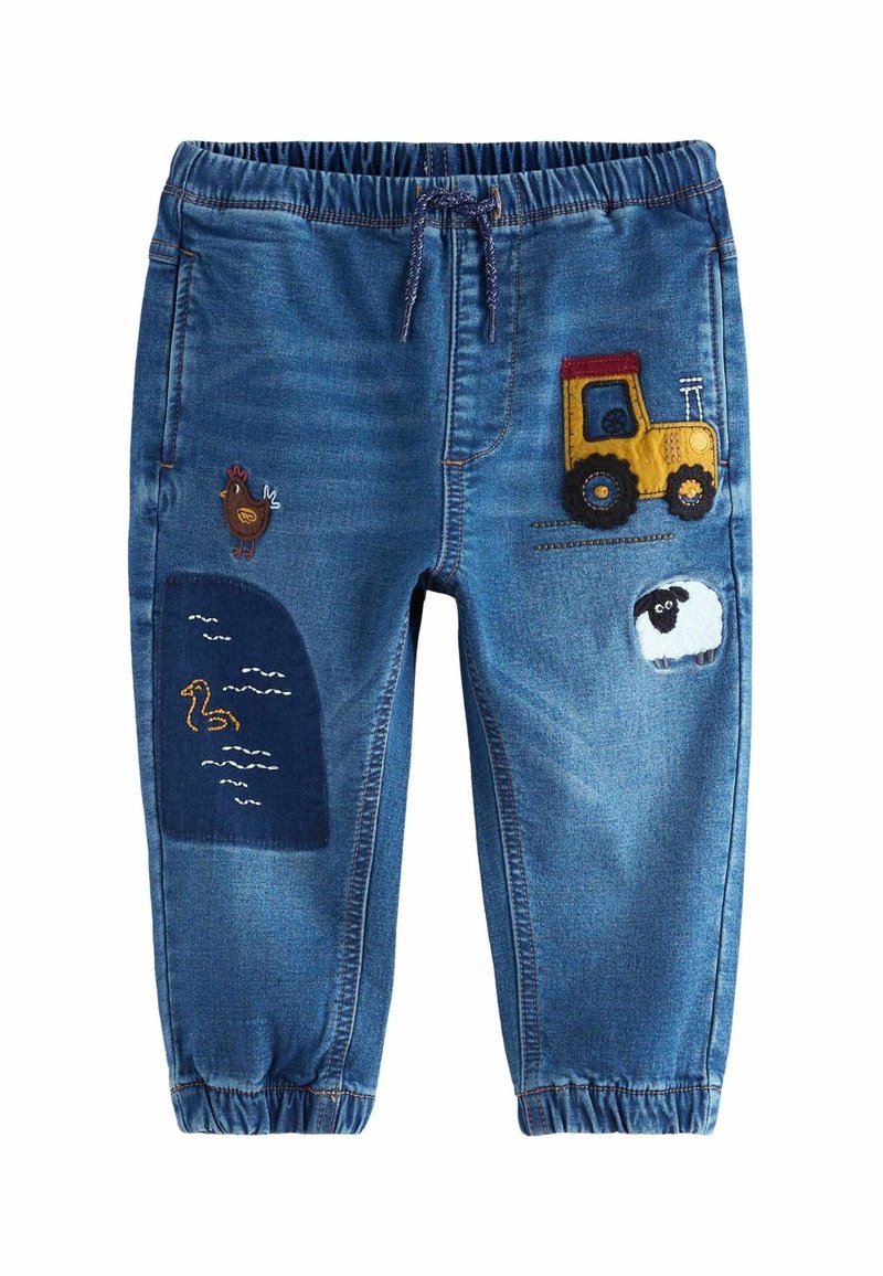 Pantalon en denim bleu pour tout-petit avec taille élastique, présentant des broderies de tracteur jaune, mouton, poulet marron et étang avec canard.