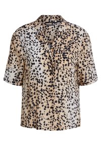 Chemise à manches courtes à boutons beige avec un motif léopard, présentant des taches noires. Fabriquée dans un tissu lisse et léger.