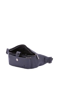 Marsupio in pelle blu scuro con tracolla regolabile, scomparto principale con zip e tasca frontale; texture liscia e dettaglio in metallo circolare.