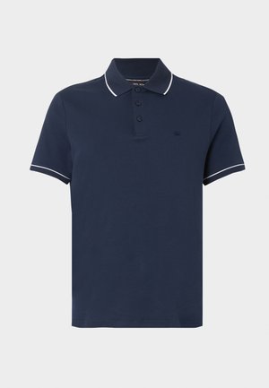 Marineblå polo med korte ærmer med hvide kanter på krave og ærmekanter, tre-knap lukning og diskret brystlogo.