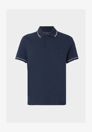 Polo bleu marine à manches courtes avec bordure blanche sur le col et les bords des manches, patte de boutonnage à trois boutons et logo discret sur la poitrine.