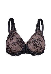 Black lace bra with nude underlay, featuring a floral pattern, V-shaped cups, and delicate bow accent at center. Adjustable straps are included.
