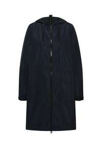 Imperméable à capuche long bleu marine foncé avec fermeture éclair frontale, deux grandes poches avant, capuche à cordon de serrage et poche zippée sur la manche.