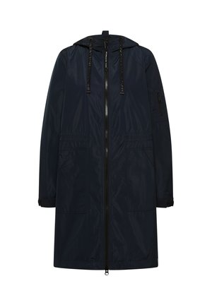 Langer dunkelblauer Regenmantel mit Kapuze, Frontreißverschluss, zwei großen Fronttaschen, Kordelzug an der Kapuze und Reißverschlusstasche am Ärmel.