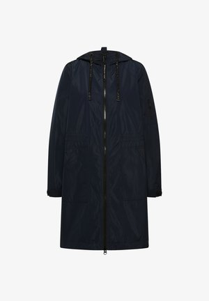 Imperméable à capuche long bleu marine foncé avec fermeture éclair frontale, deux grandes poches avant, capuche à cordon de serrage et poche zippée sur la manche.