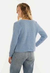 Lichtblauwe gebreide trui met een gestructureerd patroon, ronde halslijn en lange mouwen. Gecombineerd met high-waisted spijkerbroeken.