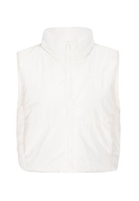 Gilet imbottito senza maniche bianco con colletto alto e zip frontale, caratterizzato da una texture liscia e dettagli di cucitura sottili.
