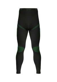 Black leggings featuring green accents, a textured waistband, and striped patterns on knee areas. Made from stretchy, form-fitting material.