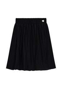 Gonna nera plissettata con elastico in vita e piccolo dettaglio a cuore argentato nella parte superiore destra.