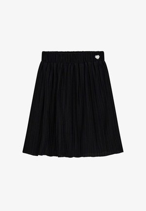 Gonna nera plissettata con elastico in vita e piccolo dettaglio a cuore argentato nella parte superiore destra.