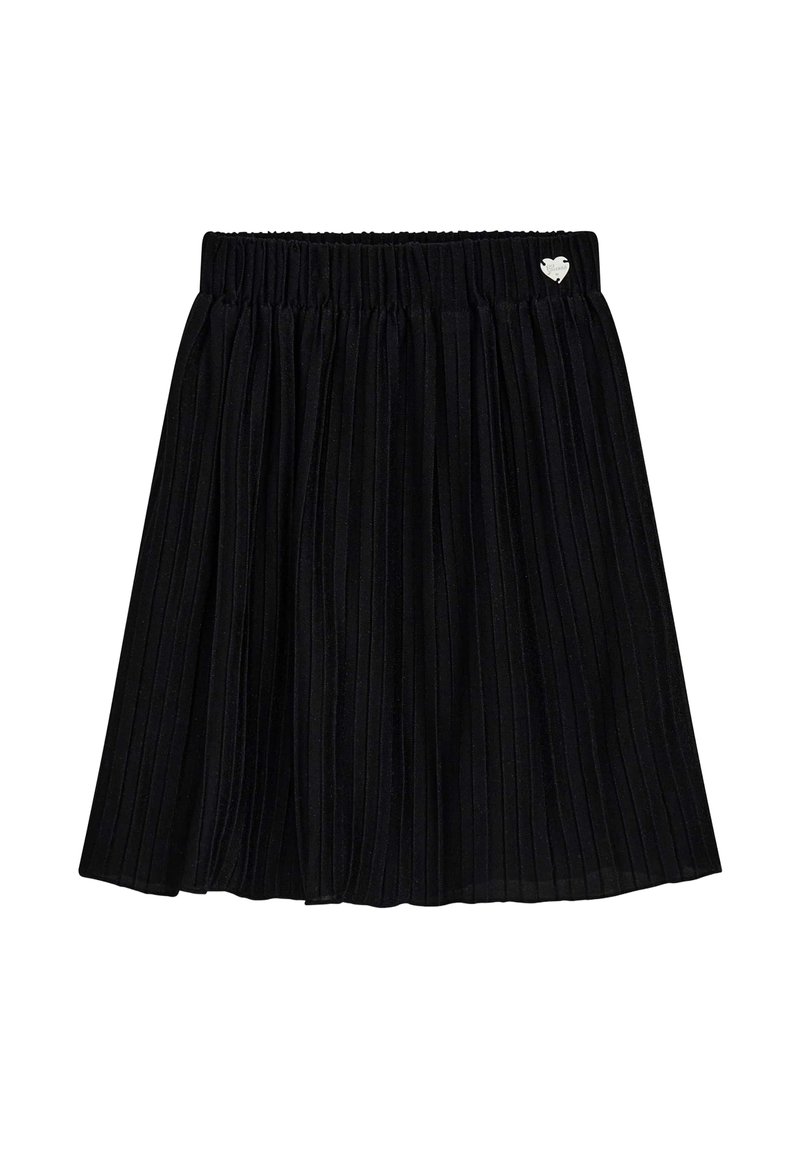 Gonna nera plissettata con elastico in vita e piccolo dettaglio a cuore argentato nella parte superiore destra.