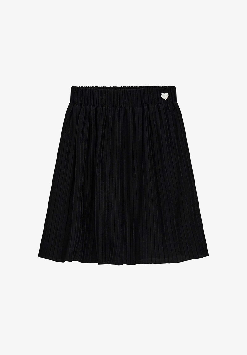 Gonna nera plissettata con elastico in vita e piccolo dettaglio a cuore argentato nella parte superiore destra.