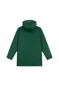 Veste à capuche verte imperméable avec des manches longues, présentant une texture lisse et un design minimaliste, sans motifs visibles ni détails matériels.