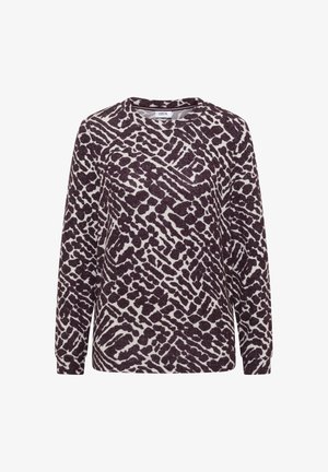 Maglione a maniche lunghe in stampa animale viola e bianca. Realizzato in un tessuto morbido e testurizzato, con scollatura rotonda e vestibilità morbida.