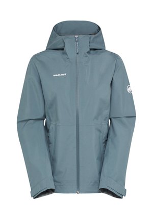Blauwe outdoorjas met capuchon en rits aan de voorkant, Mammut-logo op de borst en arm, verstelbare manchetten en zijzakken met rits.
