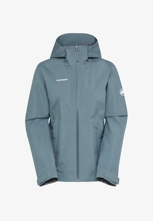 Blauwe outdoorjas met capuchon en rits aan de voorkant, Mammut-logo op de borst en arm, verstelbare manchetten en zijzakken met rits.