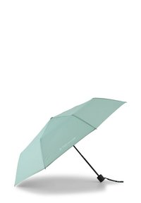 Light blue umbrella with a sleek eight-panel canopy, metal frame, and a black handle featuring a loop for easy carrying.