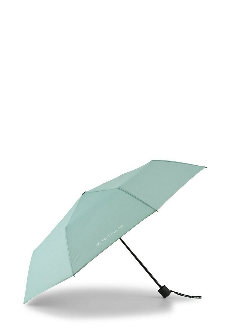 Light blue umbrella with a sleek eight-panel canopy, metal frame, and a black handle featuring a loop for easy carrying.