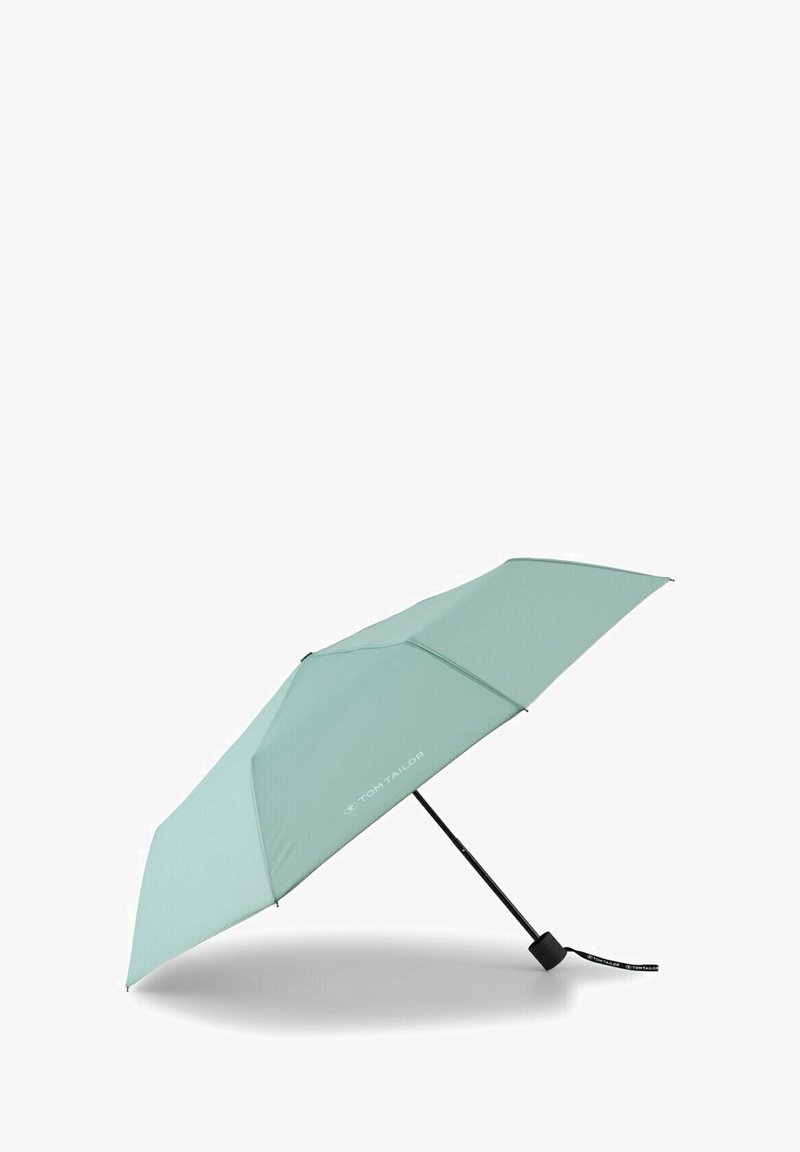 Light blue umbrella with a sleek eight-panel canopy, metal frame, and a black handle featuring a loop for easy carrying.
