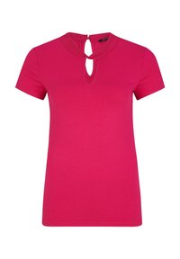Fuksjowa koszulka z krótkim rękawem z wycięciem w kształcie klucza przy dekolcie i zaokrąglonym kołnierzykiem. Wykonana z gładkiego, elastycznego materiału.