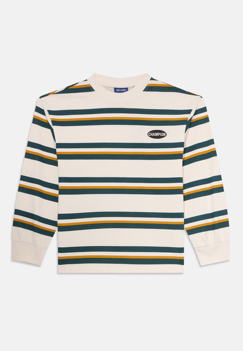 Long-sleeve cotton shirt with cream base, featuring horizontal stripes in dark green, mustard yellow, and light blue. Includes a logo patch.