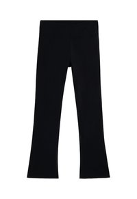 Leggings neri a palazzo con una vita alta e ampia. Realizzati in tessuto elasticizzato con una superficie liscia. Senza loghi o motivi visibili.