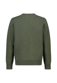 Maglione verde lavorato a maglia con colletto rotondo, polsini e orlo a coste. Texture liscia, colore uniforme, senza fantasie o dettagli metallici visibili.