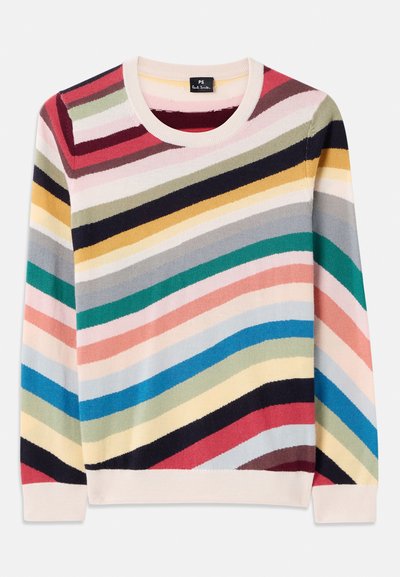 Maglione multicolore con righe orizzontali in rosa, blu, verde, giallo e rosso. Caratterizzato da un collo a giro e polsini a coste. Morbido tessuto lavorato a maglia.