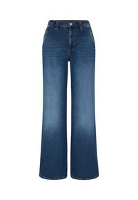 Jeans a gamba larga in denim blu scuro con una leggera sfumatura. Presentano un vita alta, passanti per cintura, tasche frontali e chiusura con zip.