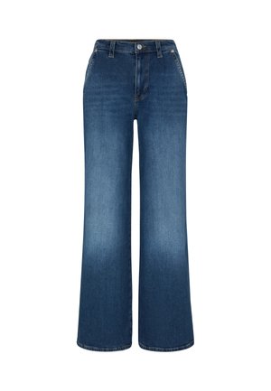 Jeans w szerokich nogawkach w ciemnoniebieskim denimie z delikatnym wyblaknięciem. Posiadają wysoki stan, szlufki na pasek, przednie kieszenie oraz zamek błyskawiczny.