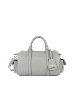 Sac à main en cuir gris au design structuré, avec des poignées doubles, une bandoulière amovible et une petite étiquette. Doté d'accents en métal doré.