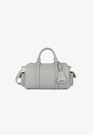 Sac à main en cuir gris au design structuré, avec des poignées doubles, une bandoulière amovible et une petite étiquette. Doté d'accents en métal doré.