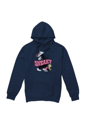 Navy blue hoodie with front pocket, featuring Sylvester sneaking behind Tweety and the word "SNEAKY" in pink block letters.