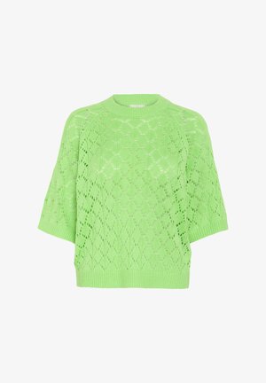 Zielony wełniany sweter z diamentowym wzorem koronkowym, krótkimi rękawami i okrągłym dekoltem wykończonym ściągaczem. Lekka i przewiewna tekstura.