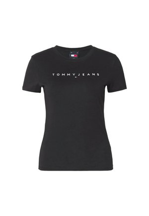 T-shirt noir ajusté à manches courtes avec le texte "TOMMY JEANS" et un petit logo drapeau centré sur la poitrine.