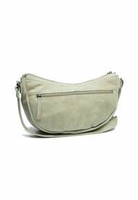 Borsa a spalla in pelle verde chiaro con design curvo, chiusura superiore con zip, tasca frontale con zip e tracolla regolabile. Superficie texturizzata.