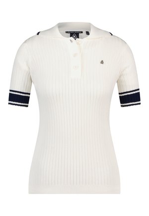 Biała prążkowana koszulka polo z krótkim rękawem, z granatowymi paskami na rękawach, trzema guzikami z przodu oraz małym trójkątnym logo na piersi.