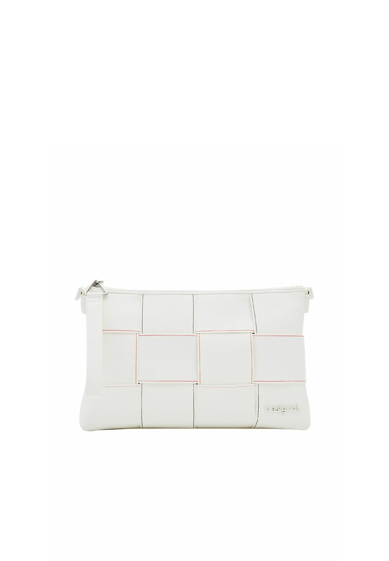 White woven leather clutch with a zip closure, featuring subtle orange stitching accents and a side handle for easy carrying.