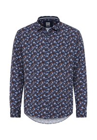 Blauwe bloemenpatroon lange mouw shirt met een kraag met knoopsluiting en een gebogen zoom. Voorzien van kleine knopen en een lichte binnenvoering.