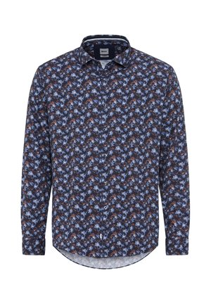 Langärmliges Hemd mit blauem Blumenmuster, Knopf-Down-Kragen und abgerundetem Saum. Verfügt über kleine Knöpfe und eine helle Innenauskleidung.