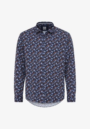 Blauwe bloemenpatroon lange mouw shirt met een kraag met knoopsluiting en een gebogen zoom. Voorzien van kleine knopen en een lichte binnenvoering.