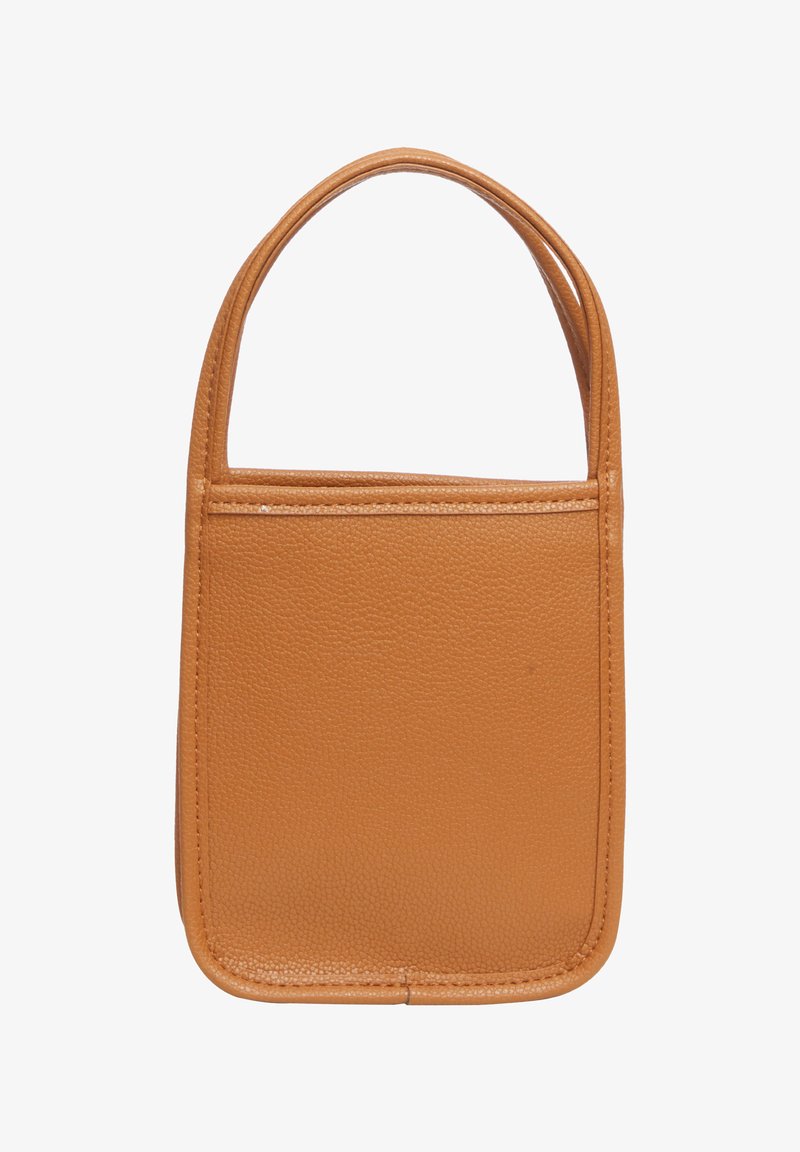 Borsa a tracolla in pelle color tan con superficie texturizzata, forma rettangolare e due manici arrotondati. Nessuna ferramenta o chiusure visibili.