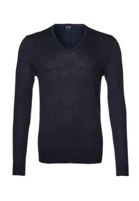 Marineblauer Langarm-V-Ausschnitt-Pullover mit einer schlanken Passform und leichtem Stoff.
