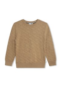 Beżowy sweter z fakturowanym wzorem, okrągłym dekoltem, prążkowanymi mankietami i dołem oraz małą metką z logo z boku.