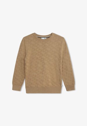 Beiger Pullover mit strukturiertem Muster, Rundhalsausschnitt, gerippten Bündchen und Saum sowie einem kleinen Logotag an der Seite.