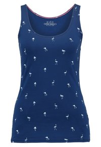 Top sin mangas de color azul marino con pequeños patrones de flamencos blancos distribuidos uniformemente por la tela, talla pequeña.