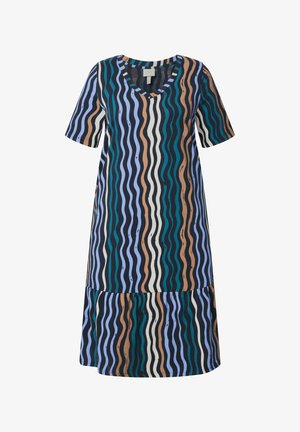 Sukienka z krótkim rękawem i dekoltem w serek, z pionowymi falistymi paskami w kolorach niebieskim, zielonym, brązowym, czarnym i białym, z opuszczoną talią i marszczonym dołem.
