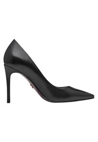 Escarpin en cuir noir à talon haut avec bout pointu et talon aiguille fin, montré de profil sur fond blanc.
